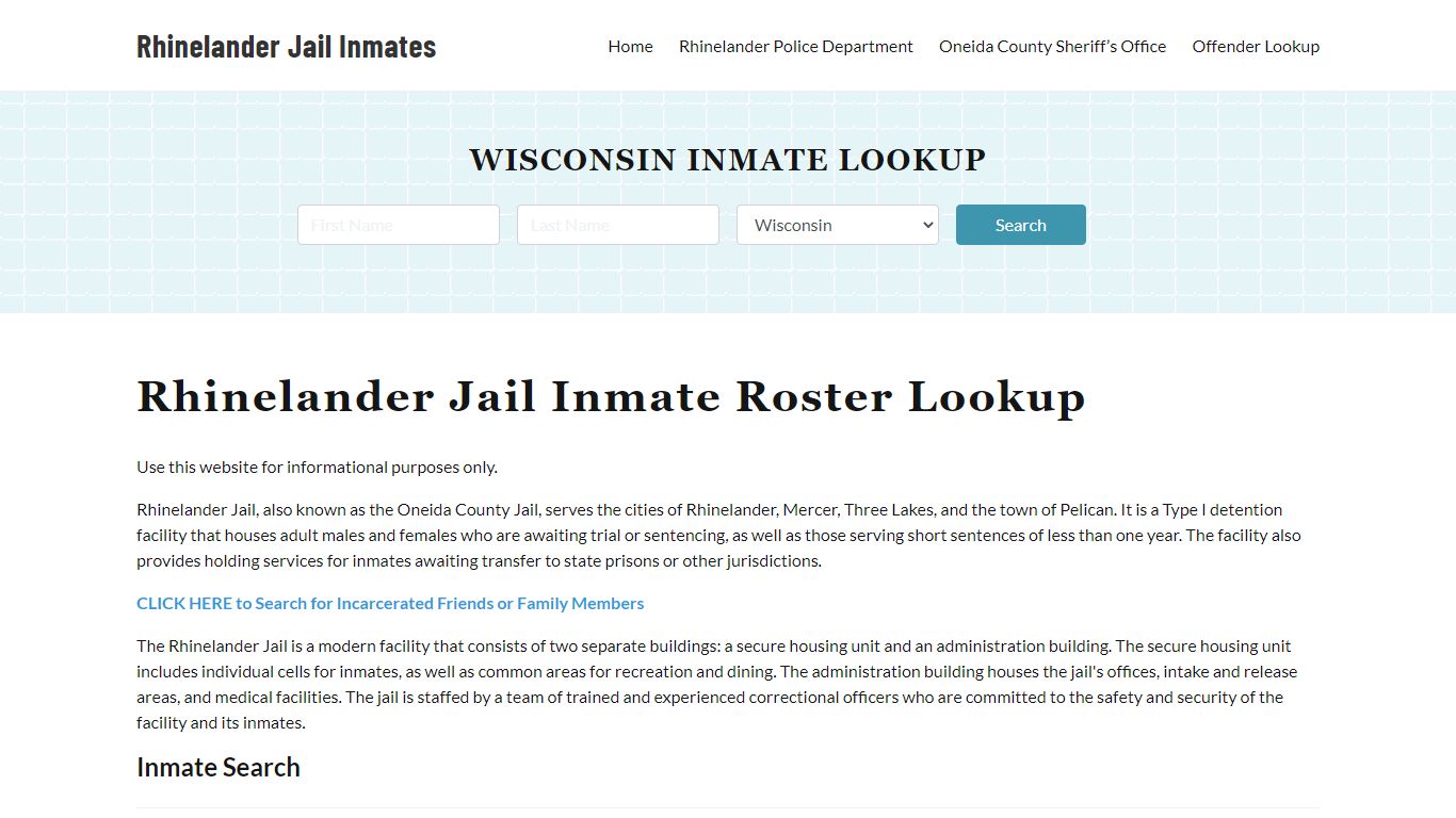 Rhinelander Jail Inmate Roster, Oneida County, WI, Offender Search