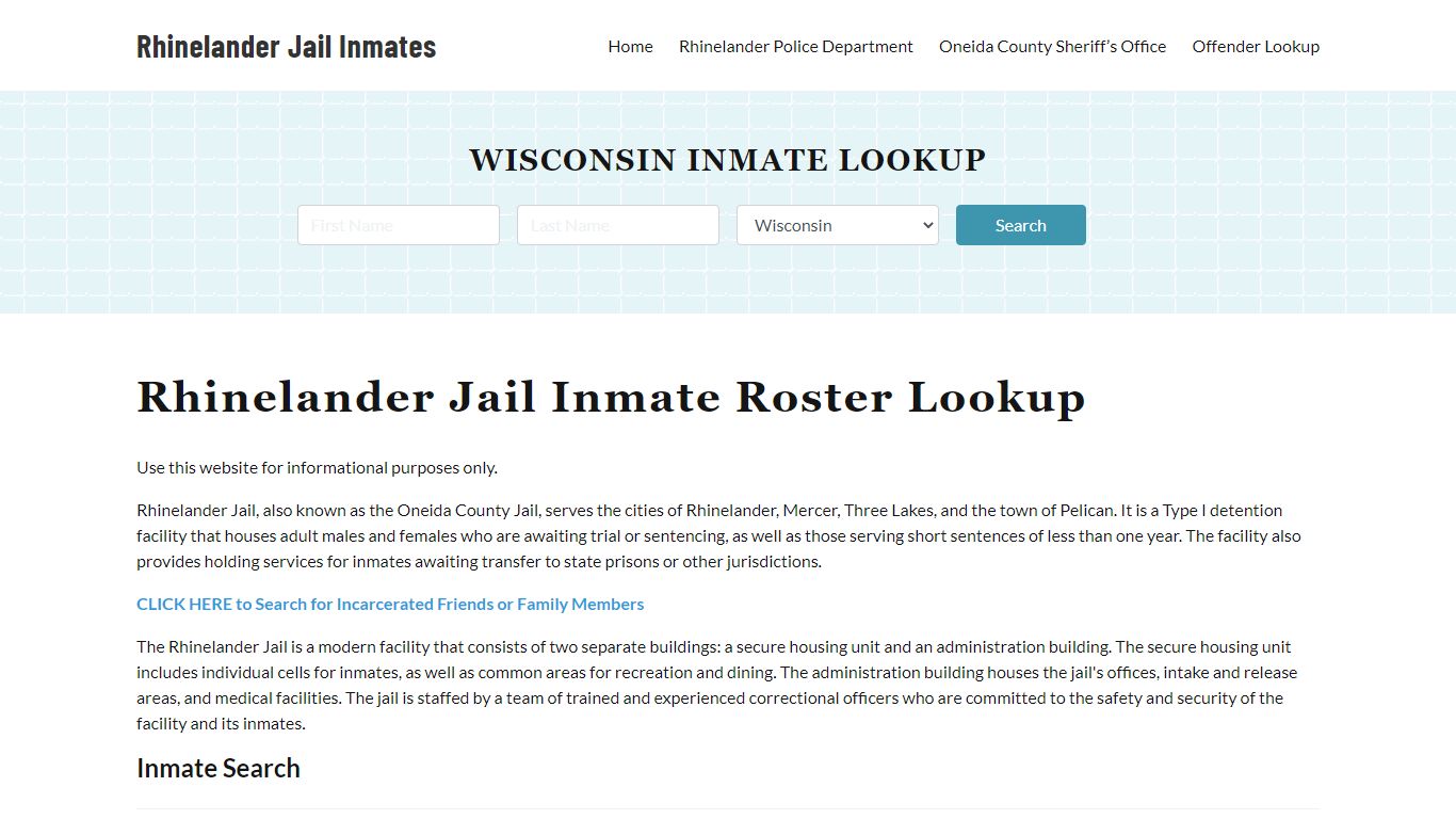 Rhinelander Jail Inmate Roster, Oneida County, WI, Offender Search